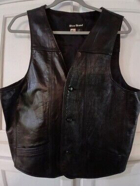 Steer Brand Made In The USA Black Leather Vest W/Pockets, 3 Button Closure M